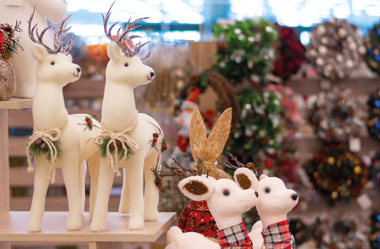 Christmas decorations displayed for selling at the store.