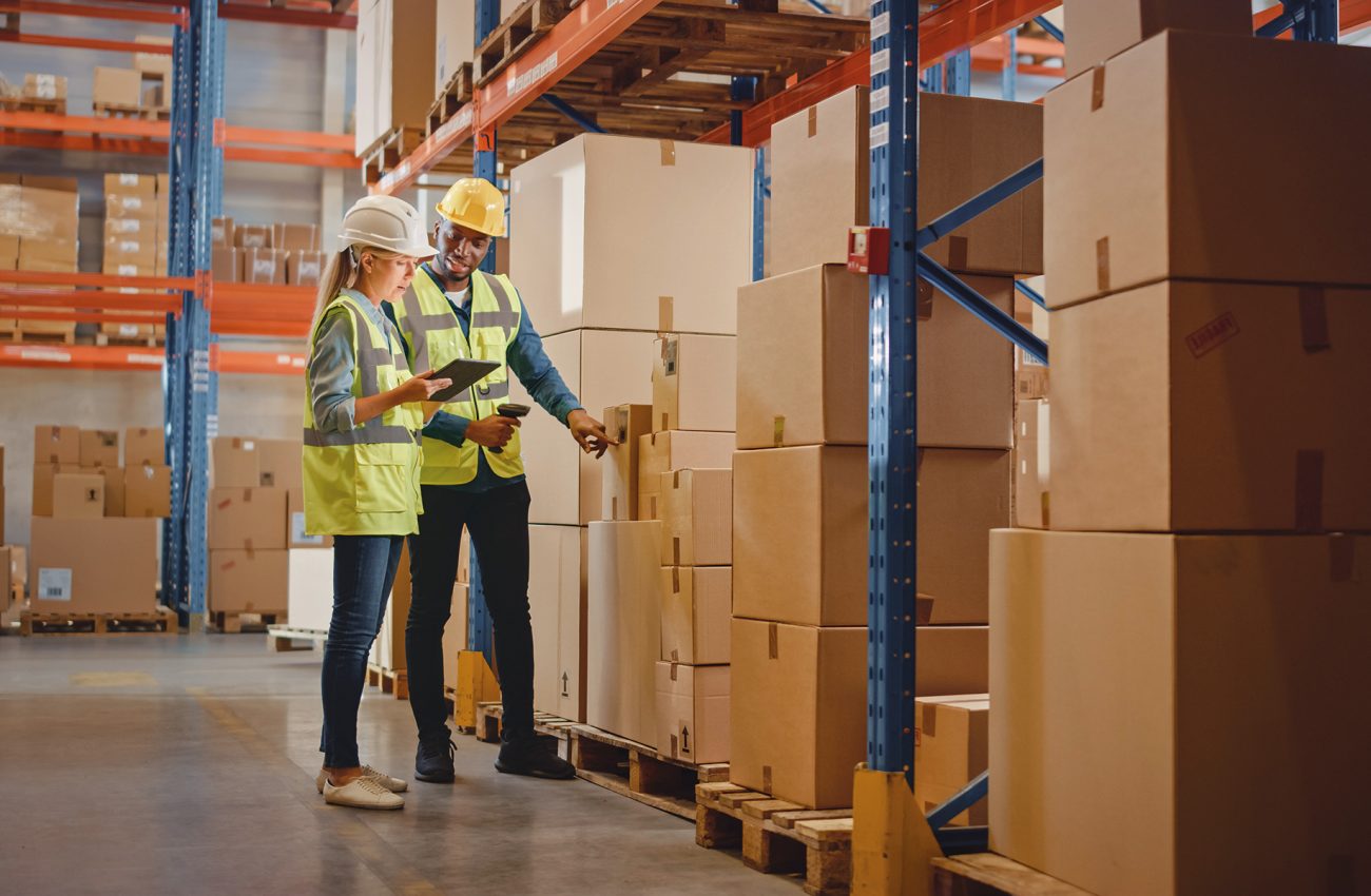 Retail Warehouse full of Shelves with Goods in Cardboard Boxes,